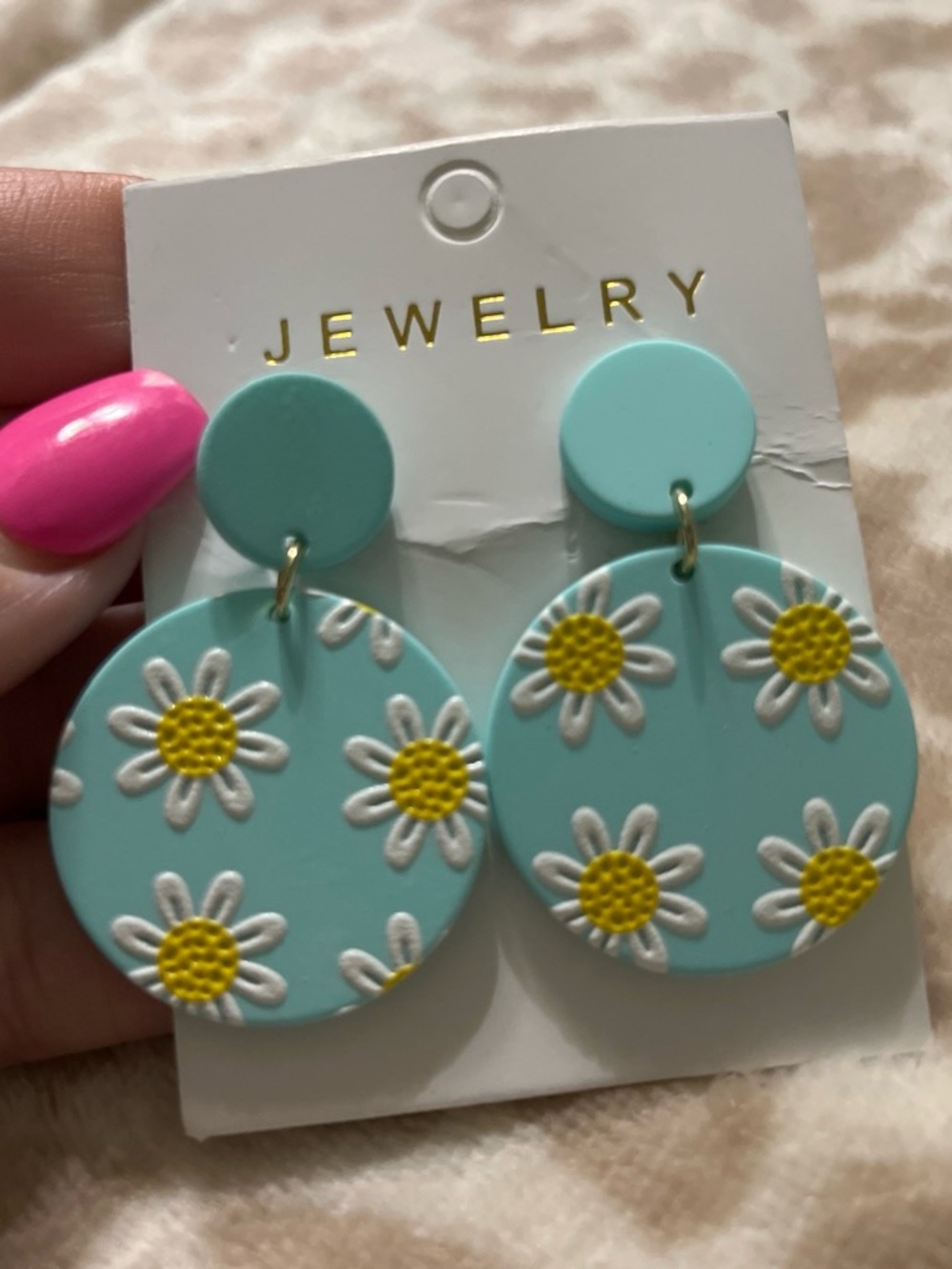 Daisy Print Teal Kids Drop Earrings